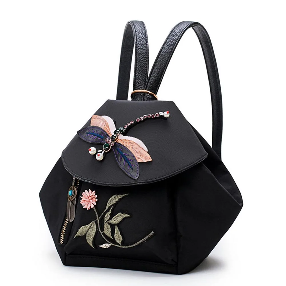 

Women Fashion Vintage Backpack Personality National Style Rhinestones Dragonfly Flower Embroidery Traditional Craft Shoulder Bag