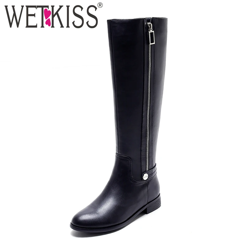 

WETKISS Genuine Leather Riding Boots Double Zipper Knee Boots Winter Easy Walking Square Heel Women Shoes Brand Female Footwear