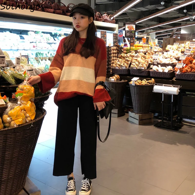 

Pullovers Women Knitting O-Neck Striped Long Sleeve Warm Womens Leisure Cute Loose Korean Style Tops Pullover Simple Trendy Chic