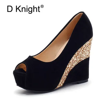 

Peep-toe Wedges Heel Sandals Flock Leather Shoes Woman Glitter Platform High Heel Pumps 2018 Summer Slip On Ladies Casual Shoes