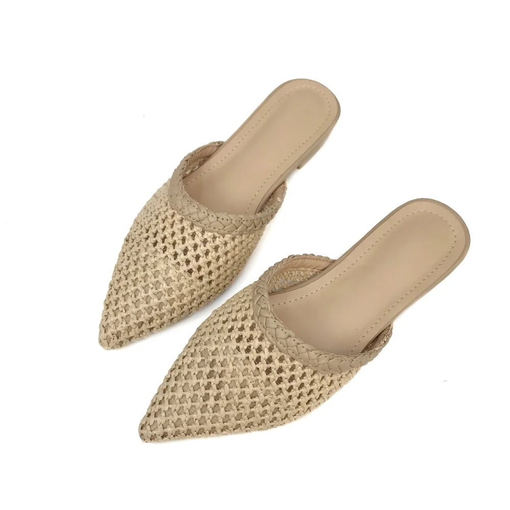 

2019 Women Cane Mules Pointed Toe Straw Flat Heel Sandals Slip On Slides Summer Slippers Hollow Out Size 35-40