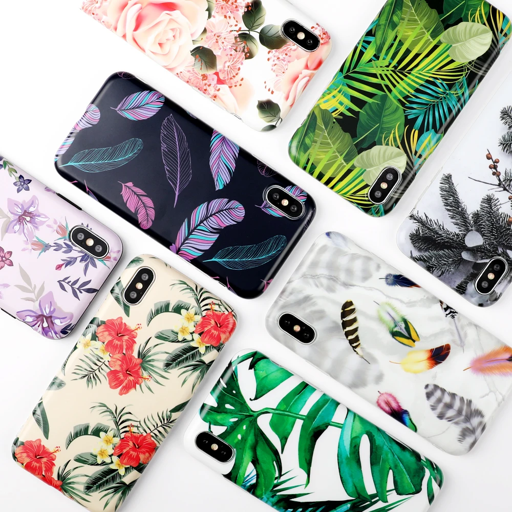 

LOVECOM Phone Case For iPhone XR XS Max 6 6S 7 8 Plus X Beautiful Flower Leaf Feather Matte Soft IMD Phone Back Cover Coque Gift
