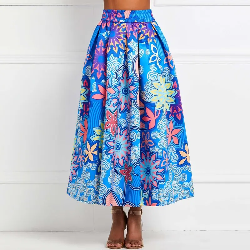 

Women Floral Pleated Maxi Skirt High Waist Big Swing Blue Elegant Summer African Fashion Print Ladies Street Casual Long Skirts