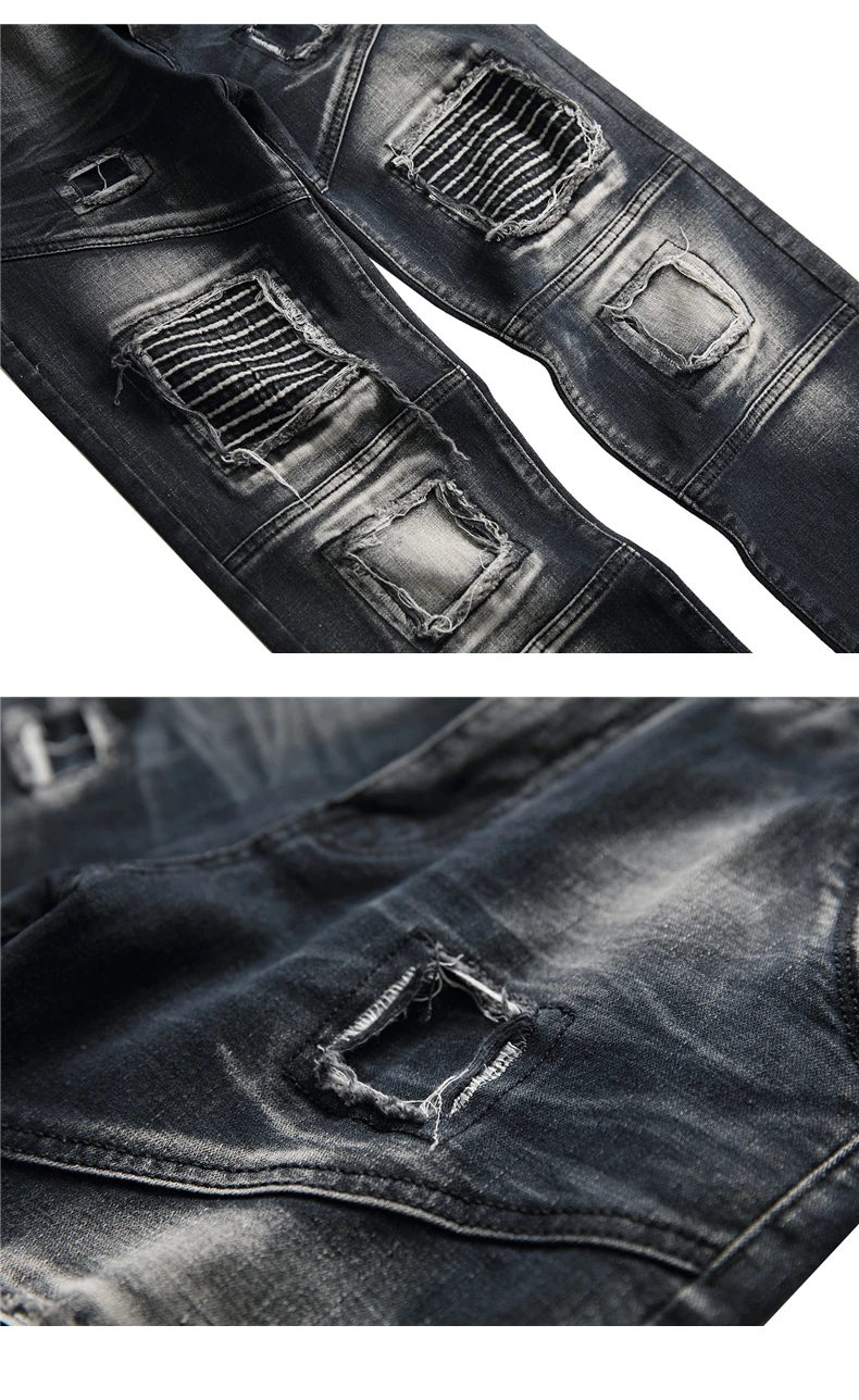 2019 новые Брендовые мужские джинсы стрейч черные мото джинсы модные плиссированные сплайсированные уличные мужские джинсовые брюки