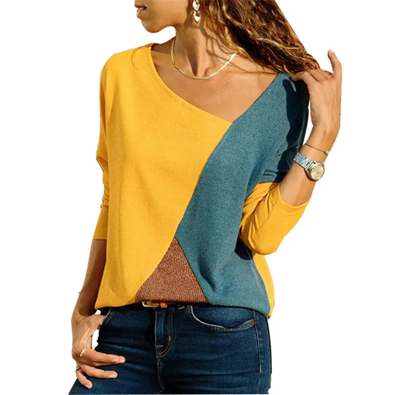 

2019 Women Tshirt Color Block Long Sleeve Basic Shirt Tops Winter Plus Size S-5XL Casual Tees Female