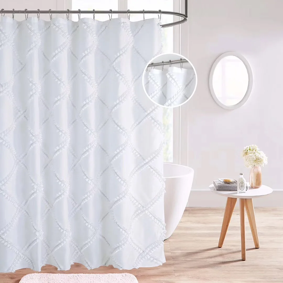 

Home White Ruffle Shower Curtain for Bathroom Farmhouse Washable and Waterproof Bath Screen Solid Polyester Curtains 180*180cm