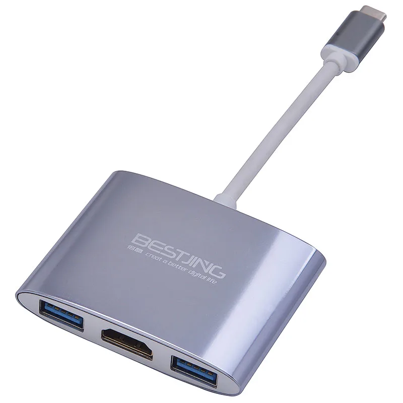 

Bestjing USB C to HDMI Adapter 4K 3 in 1 Type-C to HDMI with Double USB 3.0 Port For New MacBook Chromebook HDTV Projector