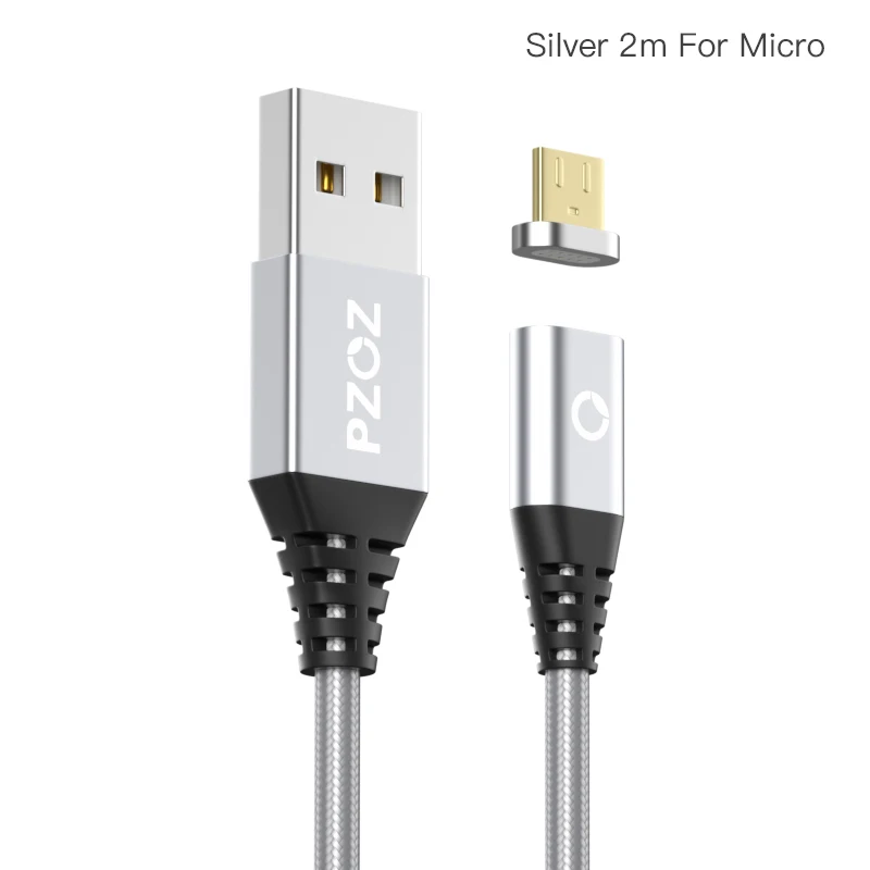 Магнитный кабель PZOZ 2M Type C Micro USB C для быстрой зарядки телефона Microusb Type-C, магнитное зарядное устройство usb c, зарядный Шнур для iphone xiaomi - Цвет: Silver 2M For Micro