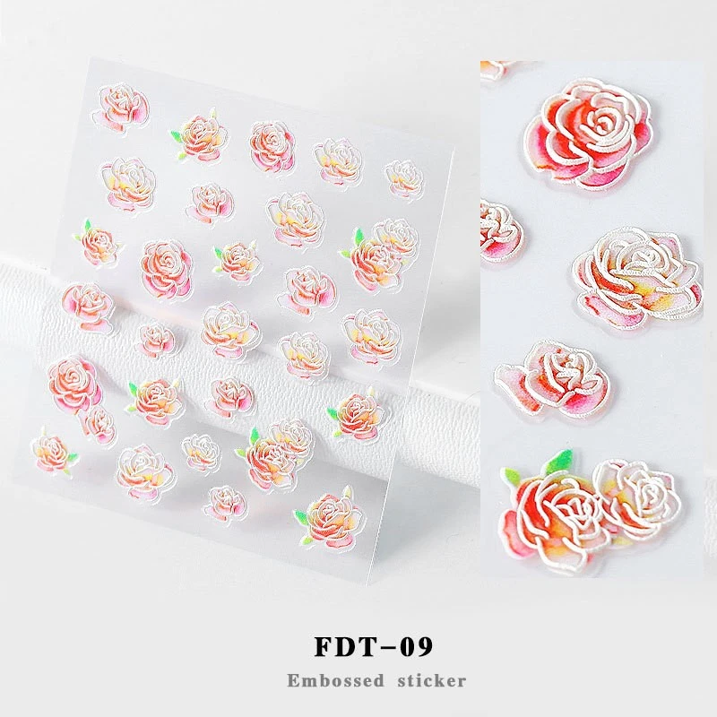 1 лист 5D рельефные наклейки для ногтей Элегантные цветы бабочки листья стили взрыв Выгравированные наклейки для ногтей наклейки украшения - Цвет: FDT-09
