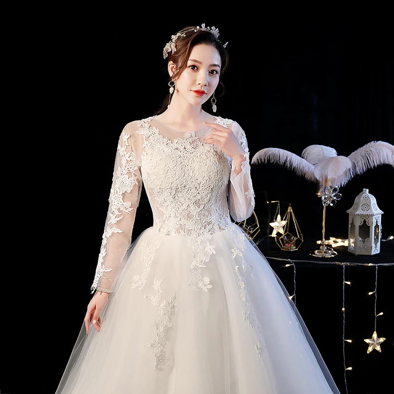 Новое винтажное свадебное платье с круглым вырезом и длинным рукавом, благородное кружевное платье с аппликацией, приталенное свадебное платье в пол