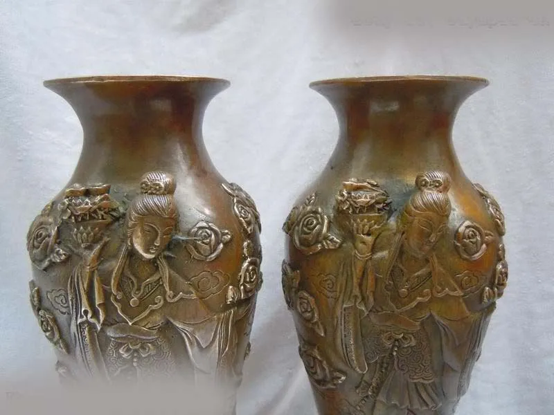 

10" China copper brass carved fairy scatter flower Vases pair Sculpture statue