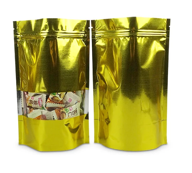 Золотистый самозакрывающийся пластиковый пакет алюминиевый с замком на молнии и