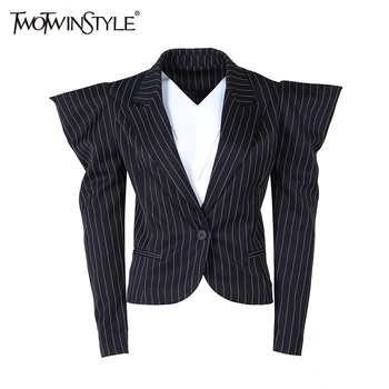 

TWOTWINSTYLE Puff Sleeve Blazer For Women Striped Lapel Collar Long Sleeve Single Button Female Coats Spring Fashion OL Clothing