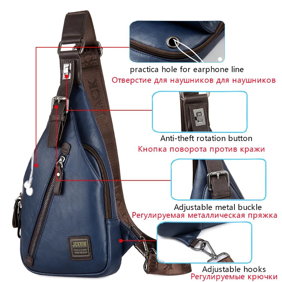 JackKevin الرجال الأزياء Crossbody حقيبة Theftproof للتدوير زر مفتوحة جلد الصدر أكياس الرجال حقائب كتف الصدر الخصر حزمة