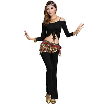 

New Yoga Belly Dance Dance Stage Performance Costume Modal Off Shoulder Long Sleeve Exercise Dress Set 3 Piece Set