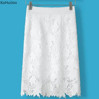 

KoHuiJoo Spring Summer Black White Lace Skirts Women Elastic Waist Plus Size Korean Elegant Hollow Out Pencil Skirts Ladies 4xl