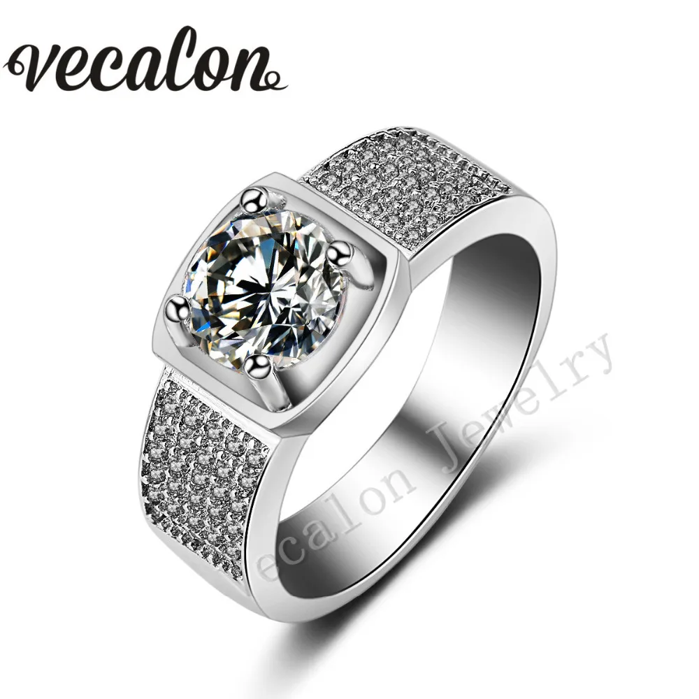 

Vecalon Male Party ring Round 3ct stone AAAAA Zircon Cz 925 Sterling Silver Engagement wedding Band ring for Men Sz 8-13