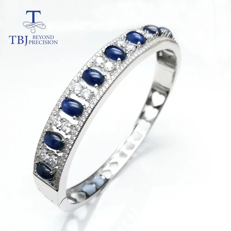 

TBJ,5ct natural Blue sapphire gemstone clasp Bangle solid S925 silver for women wife anniversary wedding anniversary Party gift