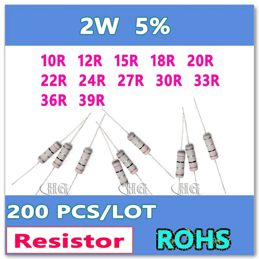 JASNPROSMA 200 шт./лот 5% 2 Вт 10R 12R 15R 18R 20R 22R 24R 27R 30R 33R 36R 39R углеродная пленка DIP OHM Резистор |