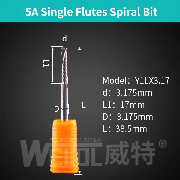 Weito 5A 1 шт. 3,175 Одиночная флейта бит Карбид Концевая фреза ЧПУ концевые фрезы для Дерева Фрезерные акриловые режущие Биты - Длина режущей кромки: 5AY1LX3.17
