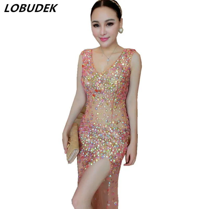 

Sparkling Crystals Stones Long Dress Sexy Perspective dress Ladies Costumes Nightclub Prom Singer Star Host stage show one piece