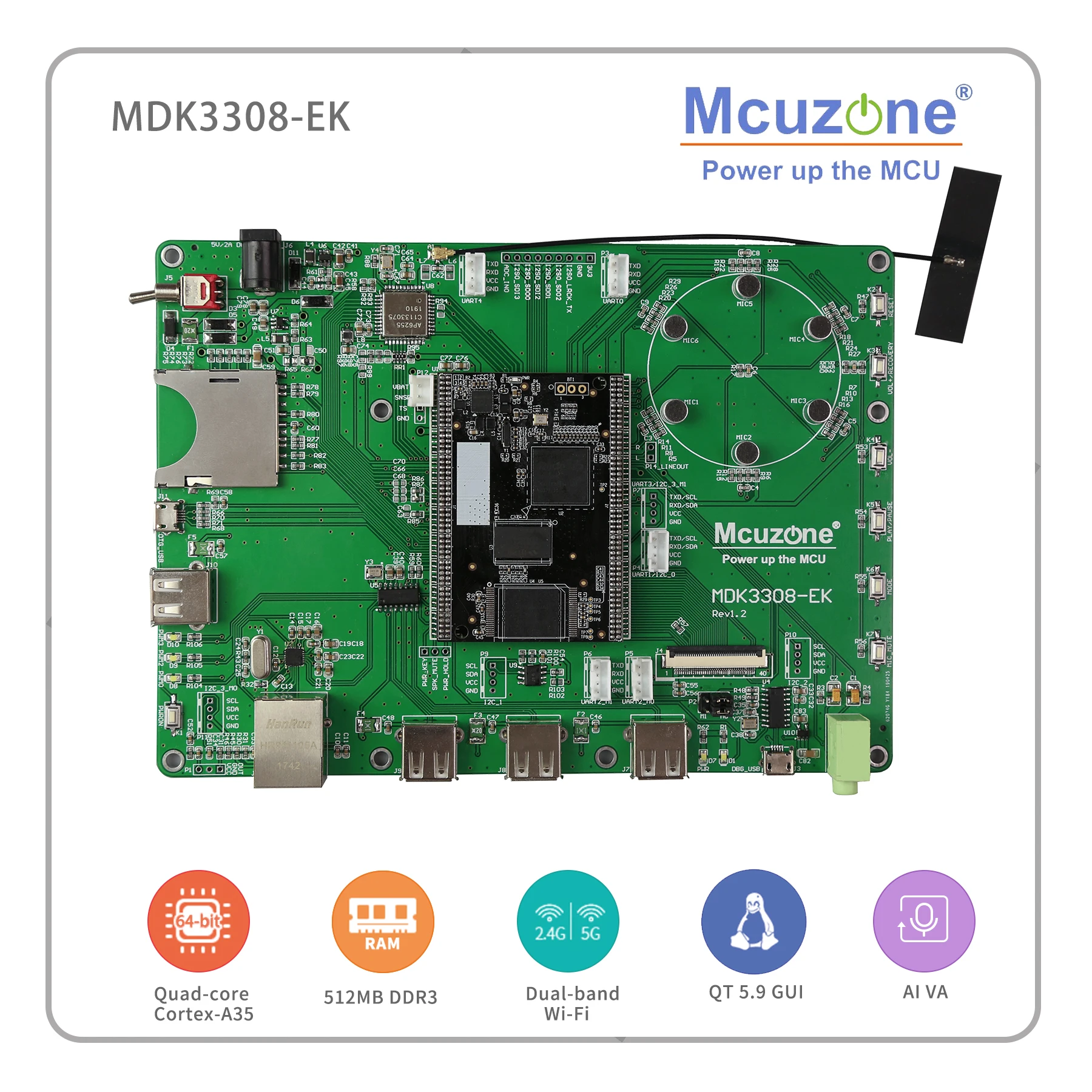 

Rockchip RK3308 MDK3308-EK, Quad-core Cortex-A35 up to 1.3GHz, 512MB DDR3/3L 8GB eMMC, AI VA 7LCD EC20 4G WIFI UVC Camera