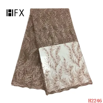 

HFX wholesale price African French Lace Fabric High Quality embroidery Tulle Lace Fabric For Wedding Beads for party dress H2246