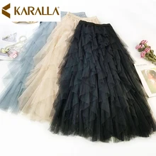 Модная юбка с оборками и высокой талией романтичная Красивая Женская плиссированная юбка с оборками из сетки в стиле пэчворк C852