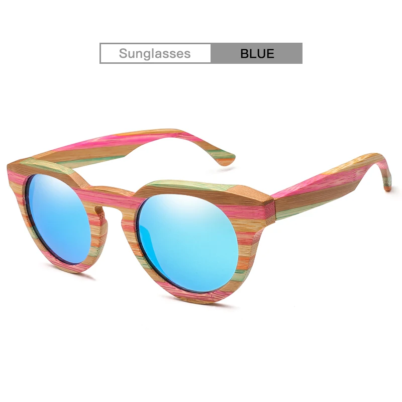 Круглые деревянные бамбуковые солнцезащитные очки поляризованные линзы радужные солнцезащитные очки UV400 с чехлом - Цвет линз: Blue Lens with case