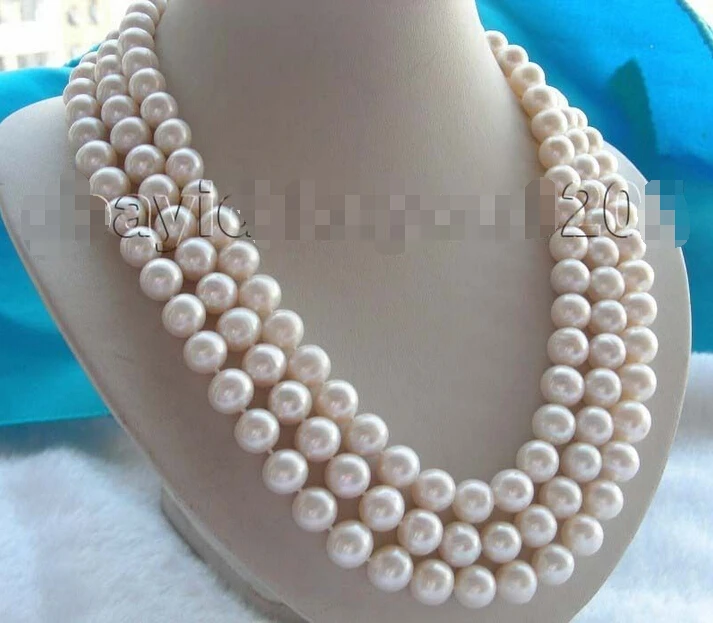 

3rows Genuine Natural 11mm White Round Pearl Necklace 14k!^^^@^Noble style Natural Fine jewe SHIPPING (C0309)