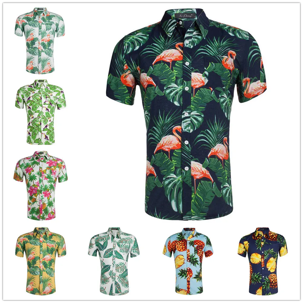 

2019 New Summer Mens Short Sleeve Beach Hawaiian Shirts Cotton Casual Floral Shirts Regular Plus Size 2XL Mens clothing Fashion