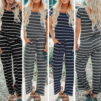 

2019 Summer Fashion Women Loose Striped Printed Long Jumpsuit Short Sleeves O Neck Ladies Casual Long Trousers Pocket Jumpsuit
