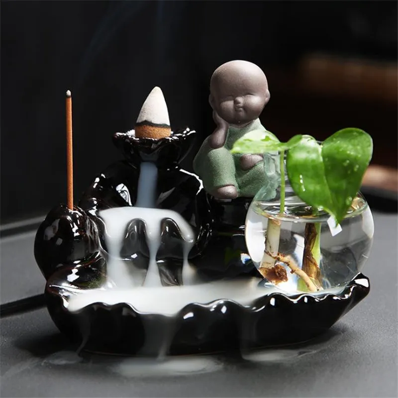 

Creative Zen Little Monk Lotus Mountain Waterfall Incense Burner Buddha Small Green Plant Vase Home Decor Aromatherapy Censer