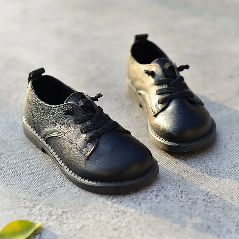 Пояса из натуральной кожи детей школьного кожаные обувь Обувь для мальчиков Обувь шнурованная для женщин Лоферы для женщин обувь Британский Стиль Дети Спортивная обувь Размеры 26-30 - Цвет: Черный