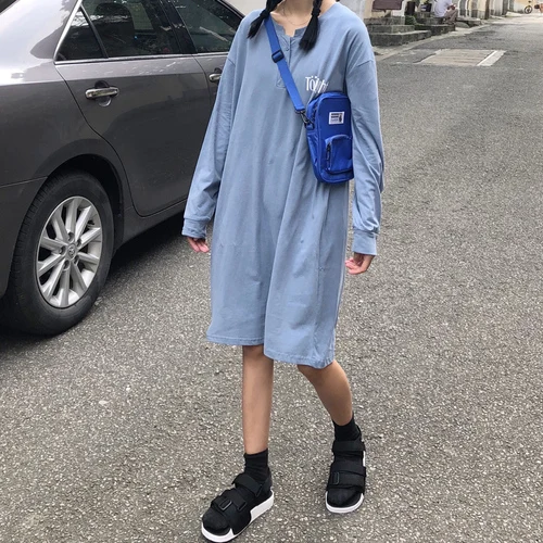 

Long Design Basic Letter Printed Casual Loose Oversize Button Line 2019 Spring Long Sleeve Street Staight Female Women T-shirts