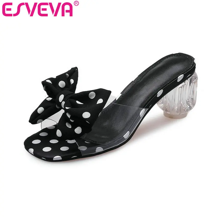 

ESVEVA 2019 Ladies Sandals High Heel Slip On Slingback Peep Toe Ladies Polka dot PU Leather Women Shoes Round Toe Size 34-39
