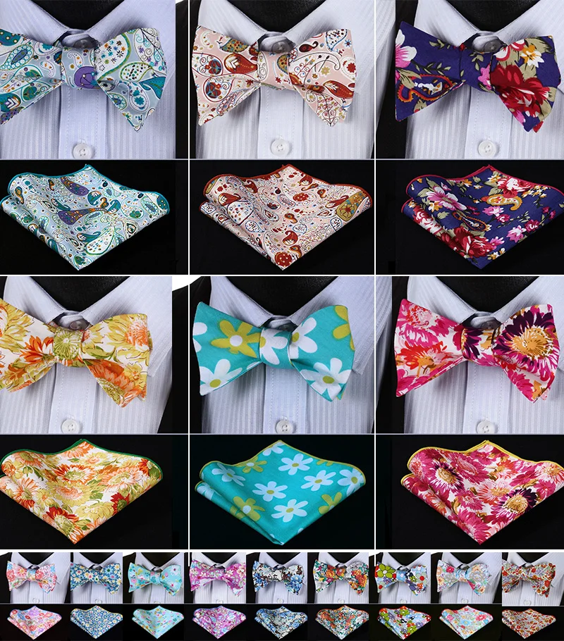 

Floral Flower Cotton Wedding Self Bowtie handkerchief Set #BMC5 Pocket Square Classic Party Wedding