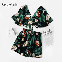 SweatyRocks пляжные глубокий v-образный вырез Florals случайный узел укороченный топ с шортами с коротким рукавом пляж Twopiece сексуальный из двух