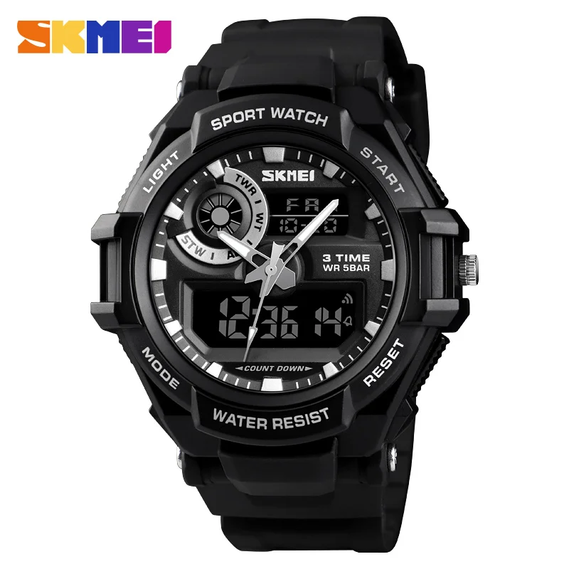 SKMEI Элитный бренд для мужчин аналоговый цифровой PU спортивные часы для мужчин армия военная Униформа часы человек кварцевые три раз - Цвет: Black Watch