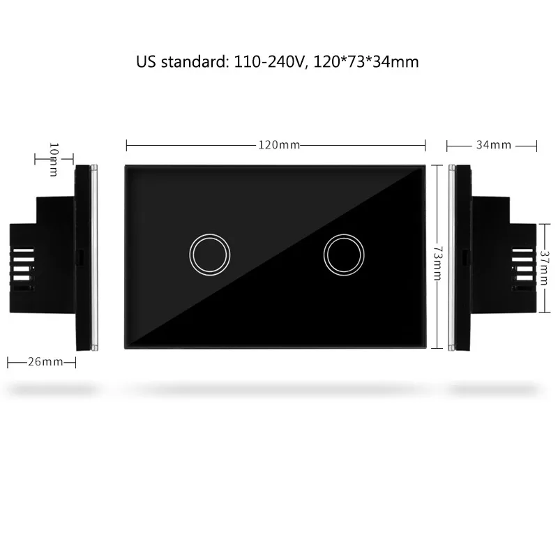US Touch Light Switch Sensor Wall Light ON/OFF Switch 2 Gang 1 Way Touch Glass Screen Crystal Plate Touch Switch AC110-240V