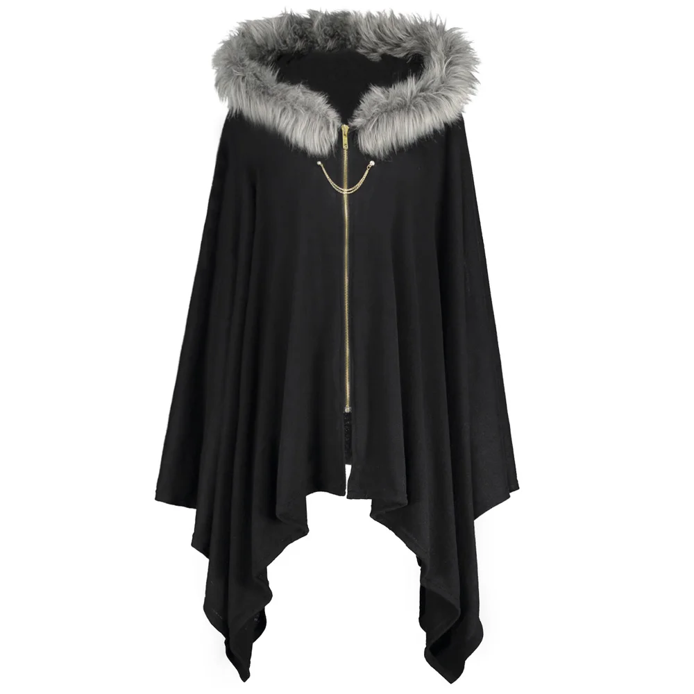 Kenancy Women Winter Vintage Cape Coats Asymmetric Faux Fur Panel Plus
