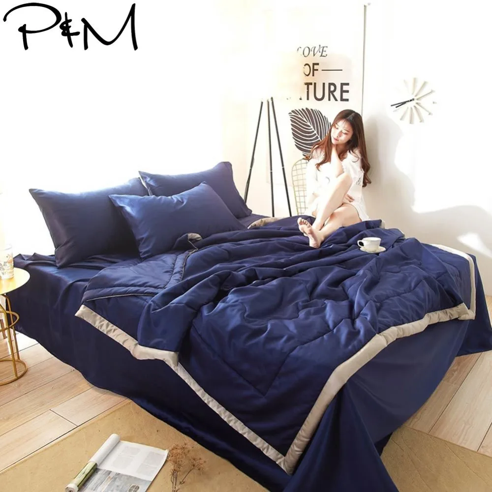 

2019 Dark Blue Solid Quilting Quilt Set Satin Polyester Fabric Polyester Twin Queen Size Summer Comforter Bedsheet Pillowcases