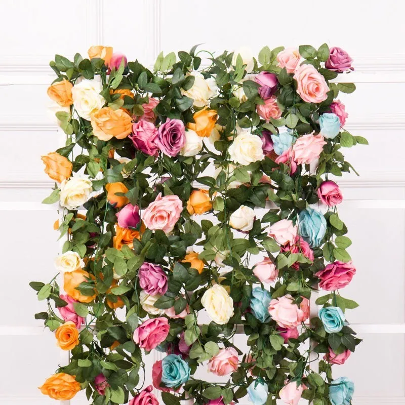 

10 Heads Rose Flowers Vine Artificial Rose Fake Plant Vine Plants Leaves Artificial Vine Garland Flowers Wedding Wall Decoration