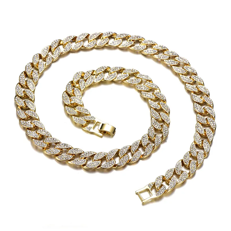 Iced Out Bling Rhinestone Gold Silver Miami Curb 16 MM Cuban Link Chain Necklace Men's Hip Hop Necklace Jewelry 16/18/20/24 Inch - Окраска металла: Gold