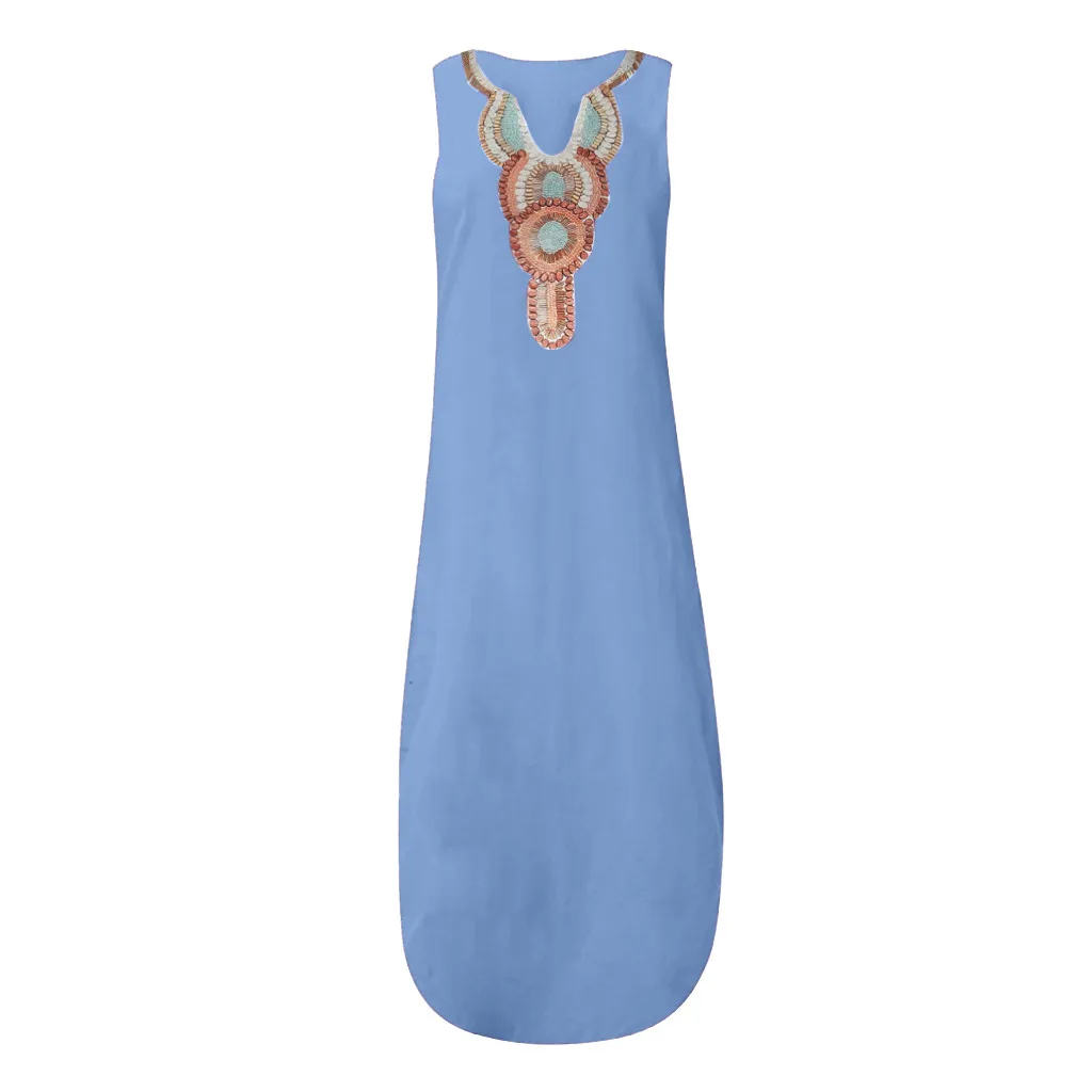 Женское платье, сарафан, однотонные макси платья, женское платье без рукавов с v-образным вырезом, Макси-Платье с разрезом, свободное нарядное платье, длинное платье#40 - Цвет: Blue