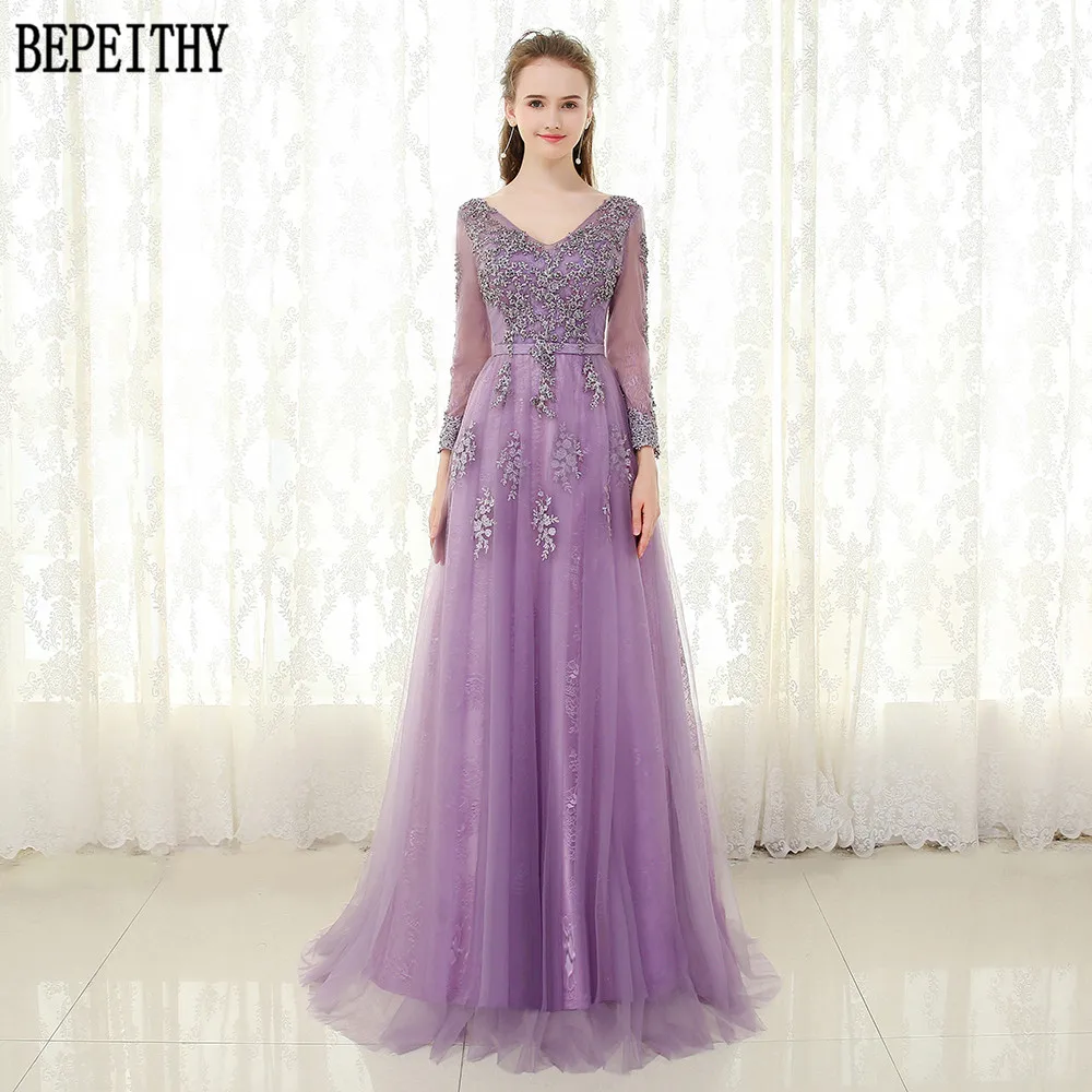 BEPEITHY vestido de festa Лавандовый А-силуэт Тюль v-образный вырез Бисер Аппликация вечернее платье Вечерние Элегантные Длинные Выпускные платья