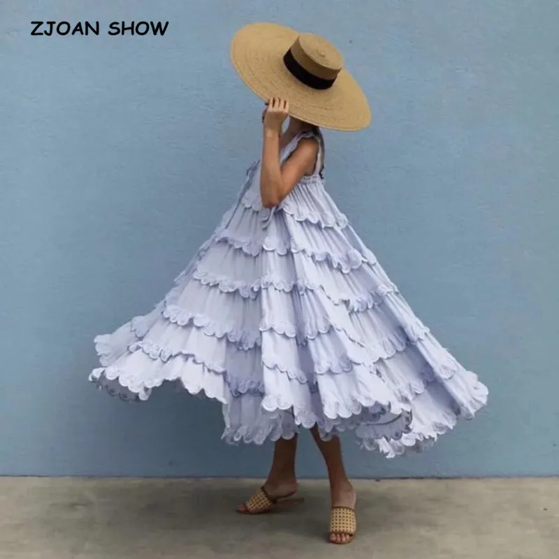 

2019 Bohemian New Stitching Lace Ruffles Tide Bow Spaghetti Strap Dress Ethnic Woman Slash Collar Long Big Swing Cake Dresses
