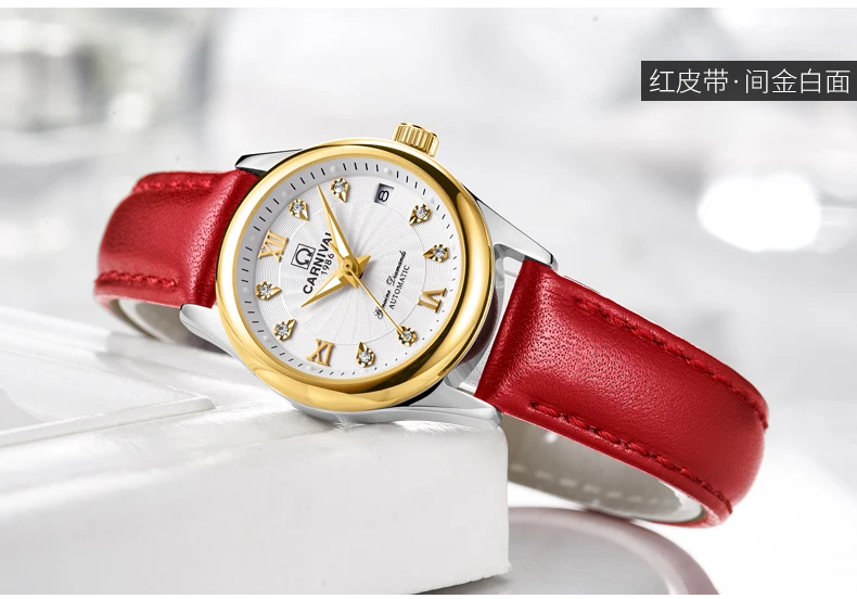Карнавал Швейцария сапфир механические Женские часы люксовый бренд натуральная кожа водонепроницаемые часы женские reloj bayan kol saati