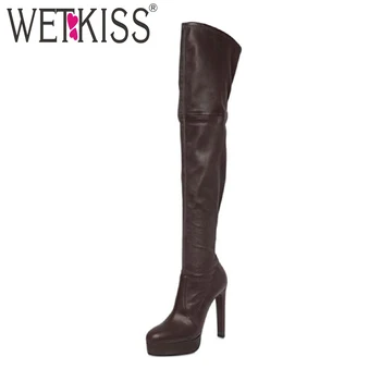 

WETKISS Over The Knee Women Boots Round Toe Pu Footwear Short Plush Warm Female Boot Winter High Heels Platform Lady Shoes