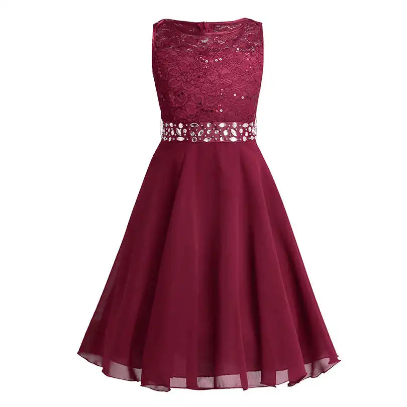 От 2 до 14 лет кружевное платье без рукавов с вышивкой на свадьбу для девочек-подростков нарядные торжественные платья принцессы с цветочным рисунком для девочек - Цвет: Red